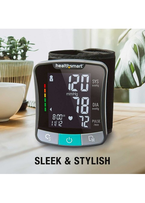 HealthSmart Digital Blood Pressure Monitor with Automatic Wrist Cuff that Displays Blood Pressure, Pulse Rate and Irregular Heartbeat, Stores up to 120 Readings for 2 Users, Black